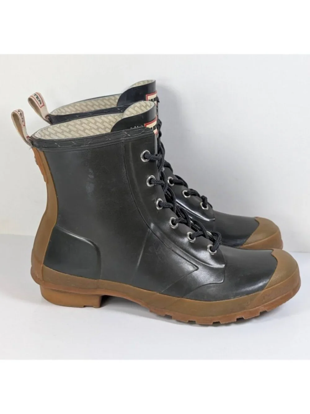 Hunter Brixen Thurloe Combat Rubber Lace Up Short Rain Boots Green Tan Women's 8